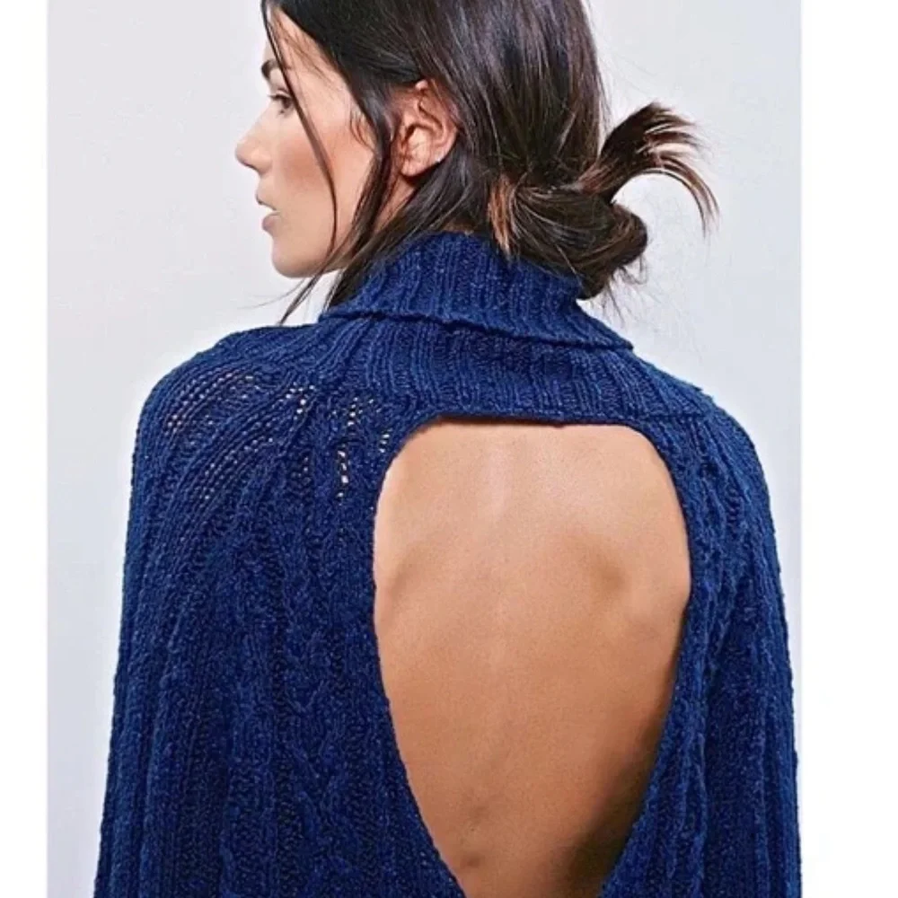 Free People Navy Oversized Cableknit Cowl Neck Open Back Sweater